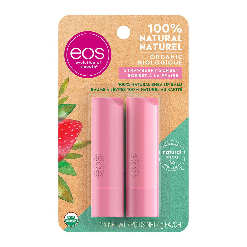EOS 100 Natural Organic Lip Balm Stick, Strawberry Sorbet, 2 Ea